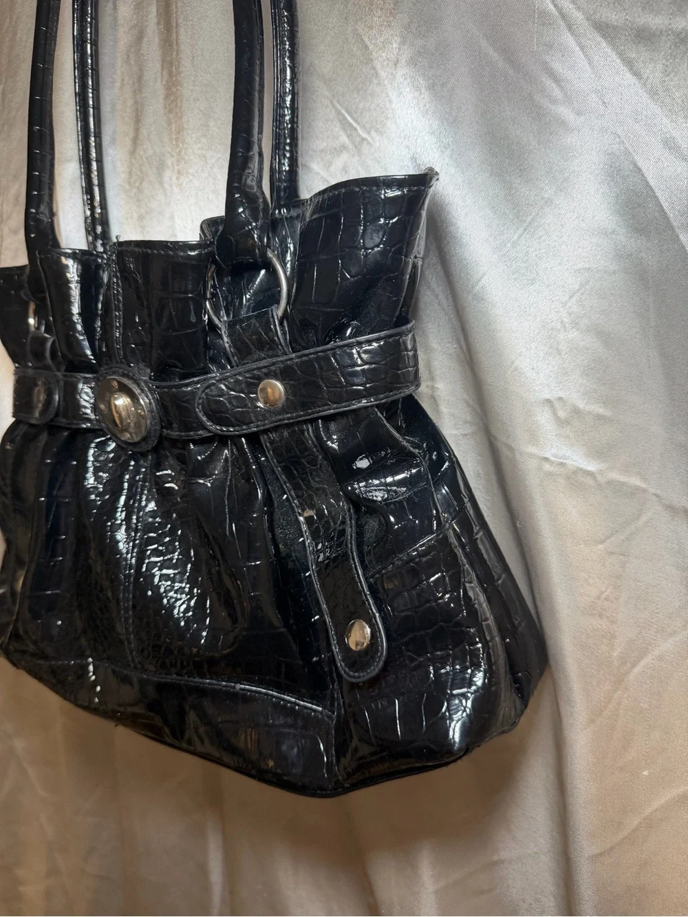 Vintage Y2K Black Patent Croc Embossed Faux Shoulder Tote Turn Lock Purse